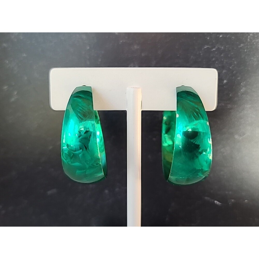Green Colored Metal Hoop Earrings Vintage Costume Jewelry